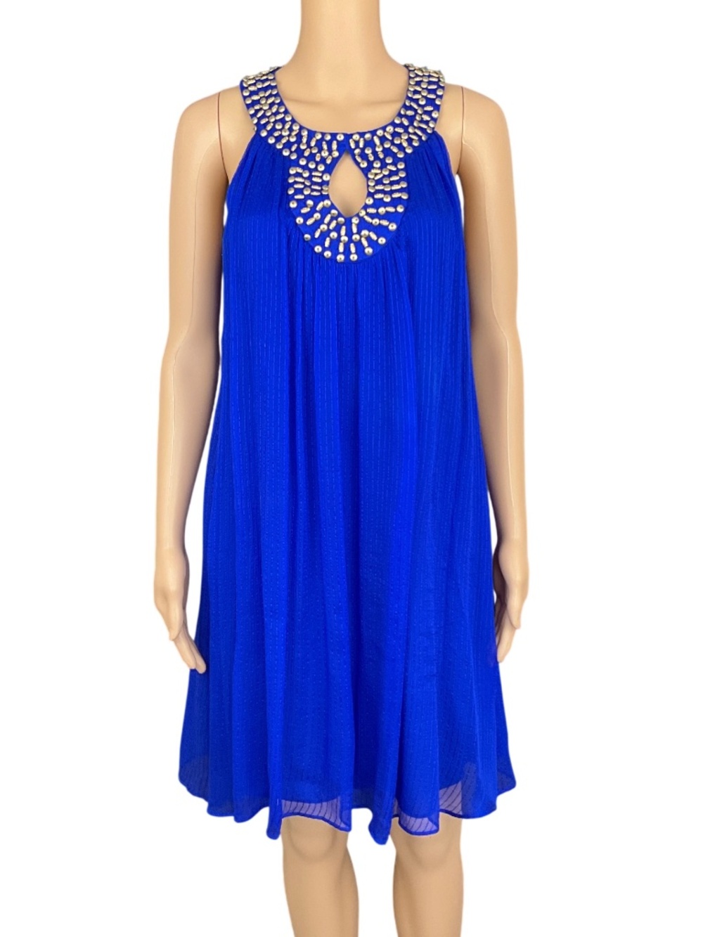 Silk Royal Blue Pleated Beaded Dress ECI Size 10 Sleeveless